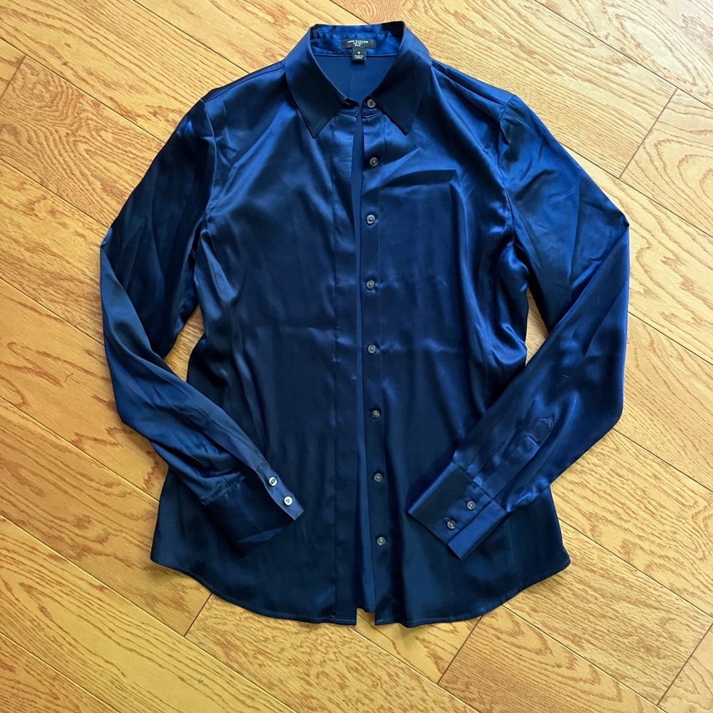 ann taylor silk button up navy shirt 4